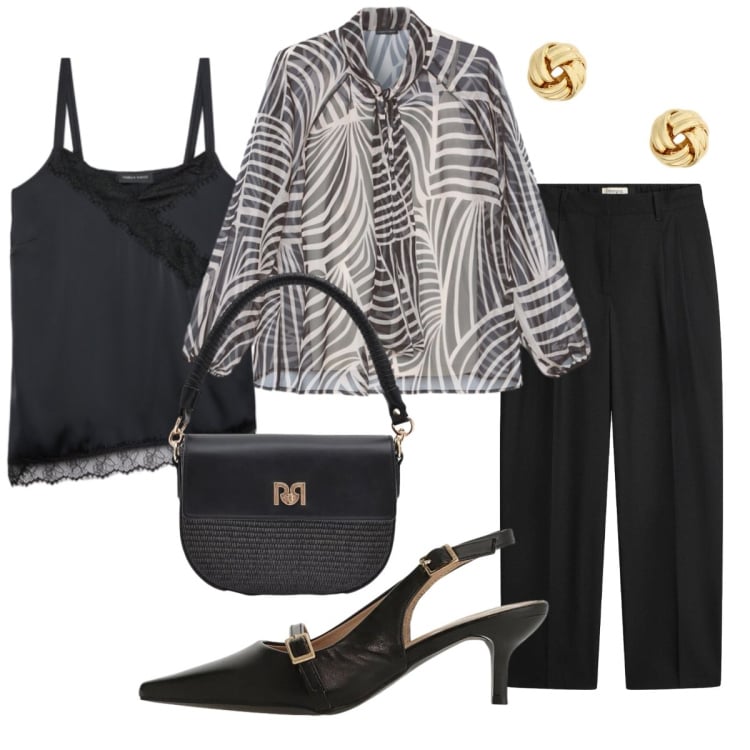 Outfit donna - Elegante con pizzo e voile. Stile Chic per Serata fuori. Abbinamento con pantaloni, borse a spalla, sandali col tacco, bluse, top, orecchini.