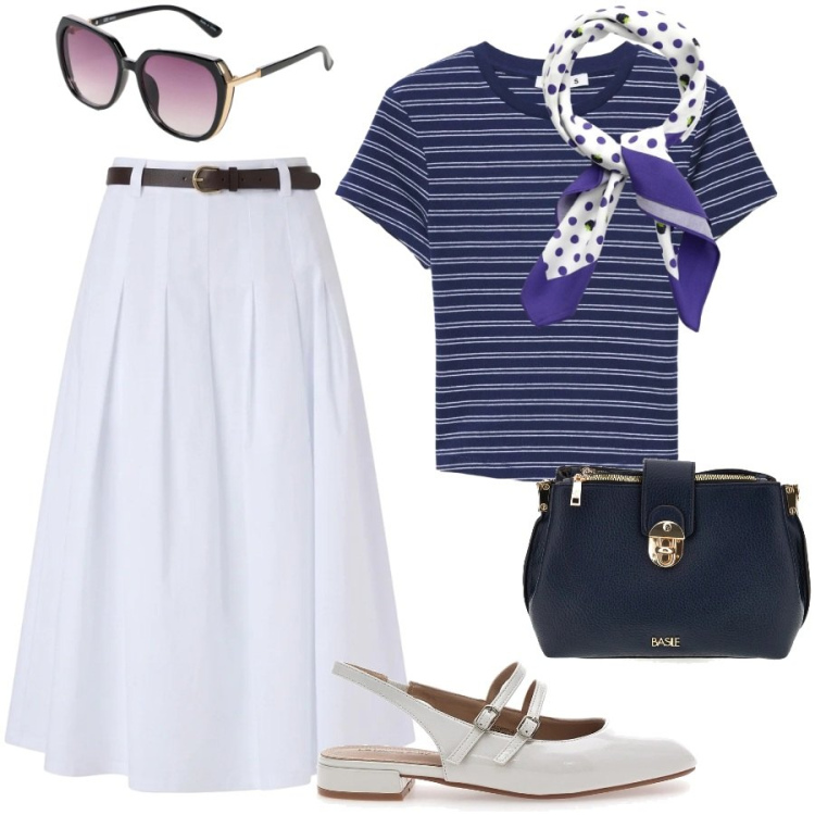 Outfit donna - French style. Stile Urban per Tutti i giorni. Abbinamento con occhiali da sole, t-shirt, foulard, gonne longuette, ballerine, borse a tracolla.