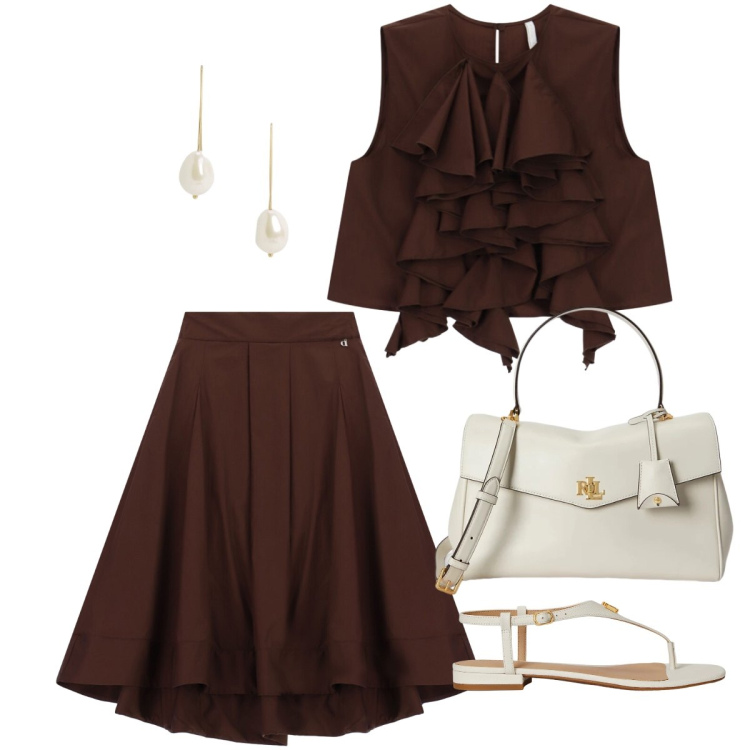 Outfit donna - Il completo per tutti i giorni. Stile Chic per Tutti i giorni. Abbinamento con canottiere, gonne lunghe, sandali in pelle, orecchini, borse a mano.