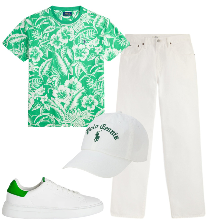 Outfit uomo - Giugno. Stile Casual per Tutti i giorni. Abbinamento con sneakers, jeans, cappelli con visiera, t-shirt.