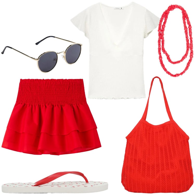 Outfit donna - Semplicemente estate. Stile Minimal per Tutti i giorni. Abbinamento con occhiali da sole, minigonne, t-shirt, shopping bag, infradito, collane.