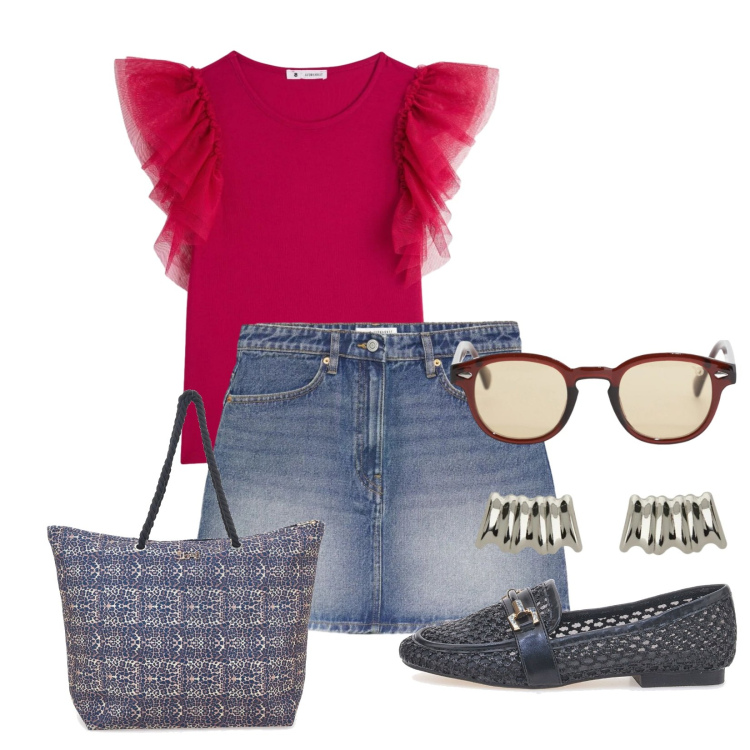 Outfit donna - Total look #2411850. Stile Casual per Serata fuori. Abbinamento con t-shirt, minigonne, occhiali da sole, orecchini, mocassini, shopping bag.