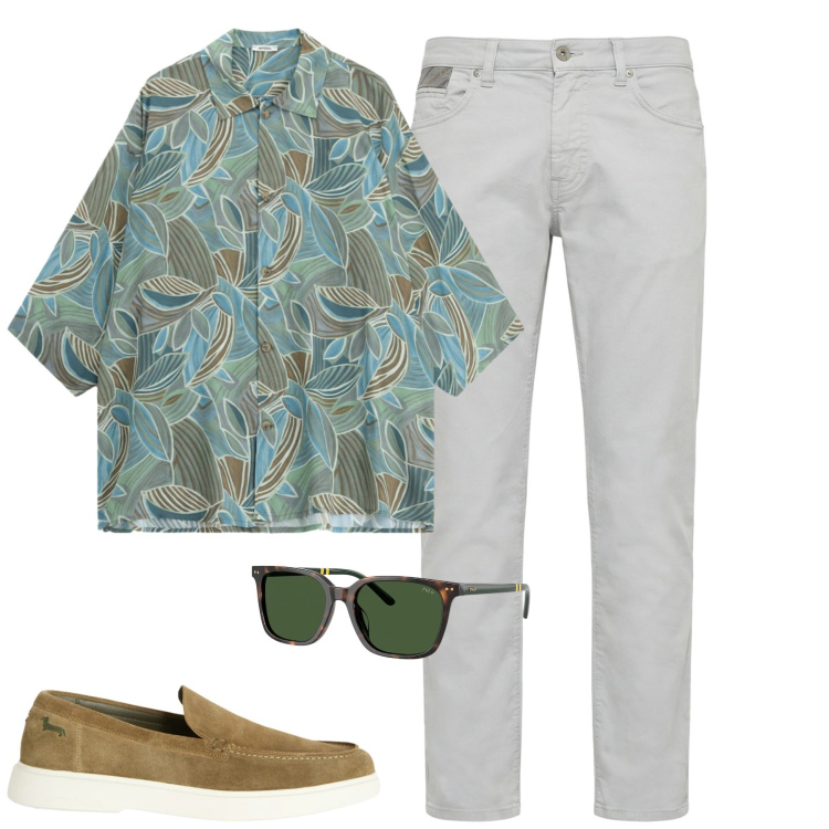 Outfit uomo - City. Stile Casual per Tutti i giorni. Abbinamento con camicie a manica corta, scarpe stringate, pantaloni, occhiali da sole.