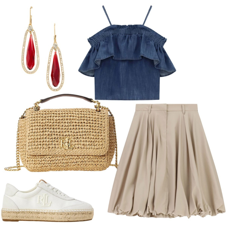 Outfit donna - Total look #2411854. Stile Casual chic per Tutti i giorni. Abbinamento con gonne longuette, top, sneakers, borse a spalla, orecchini.