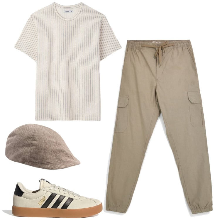 Outfit uomo - City. Stile Casual per Tutti i giorni. Abbinamento con t-shirt, cappelli e berretti, sneakers, pantaloni cargo.