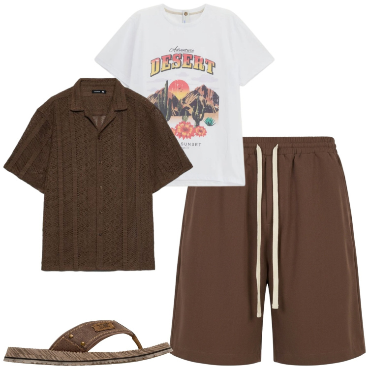 Outfit uomo - Giugno. Stile Casual per Tutti i giorni. Abbinamento con pantaloni corti, camicie a manica corta, t-shirt, sandali.