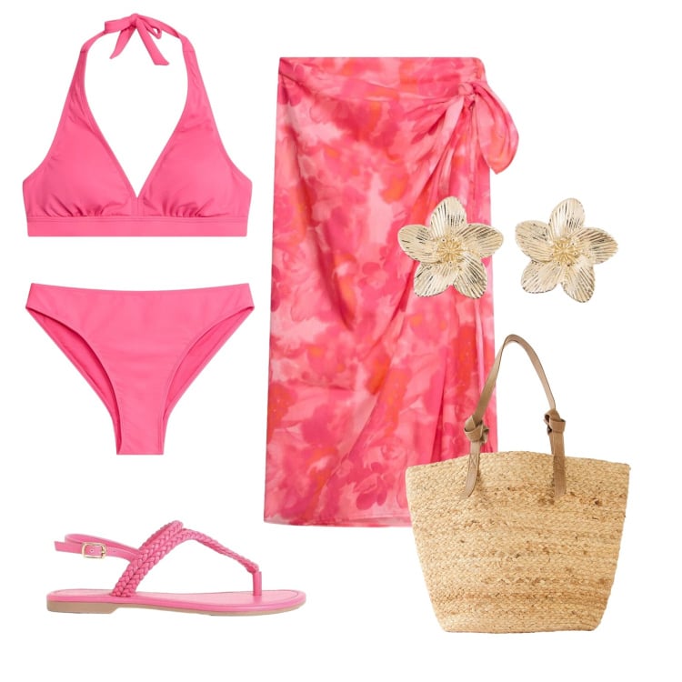 Outfit donna - Primo weekend al mare. Stile Trendy per Mare. Abbinamento con vestiti da spiaggia, bikini, bikini, shopping bag, sandali, orecchini.