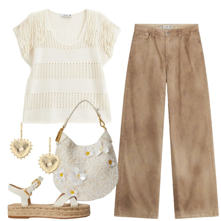 Outfit donna - Total look #2411861. Stile Bon Ton per Scuola/Università. Abbinamento con pantaloni a palazzo, top, espadrillas, pochette, orecchini.