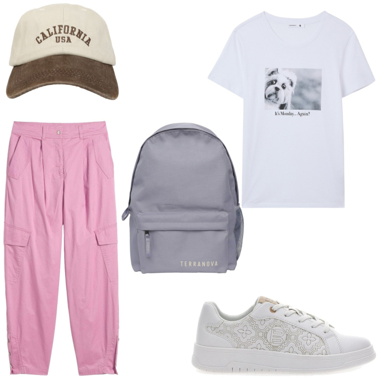Outfit donna - Casual. Stile Casual per Tutti i giorni. Abbinamento con pantaloni cargo, zaini, cappelli con visiera, t-shirt, sneakers.