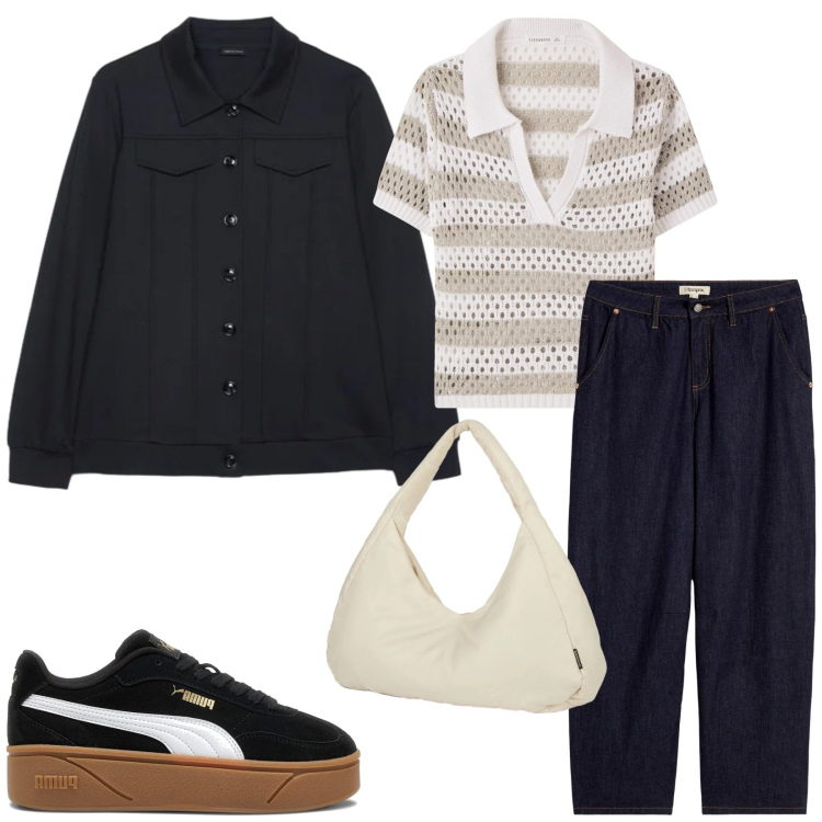 Outfit donna - Total look #2411864. Stile Casual per Tutti i giorni. Abbinamento con jeans, t-shirt, blazer, borse a spalla, sneakers.