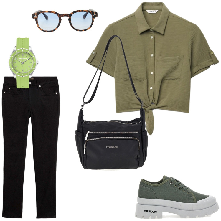 Outfit donna - Casual: jeans e camicia. Stile Casual per Tutti i giorni. Abbinamento con jeans dritti, camicie a manica corta, orologi, occhiali da sole, sneakers alte, borse a tracolla.