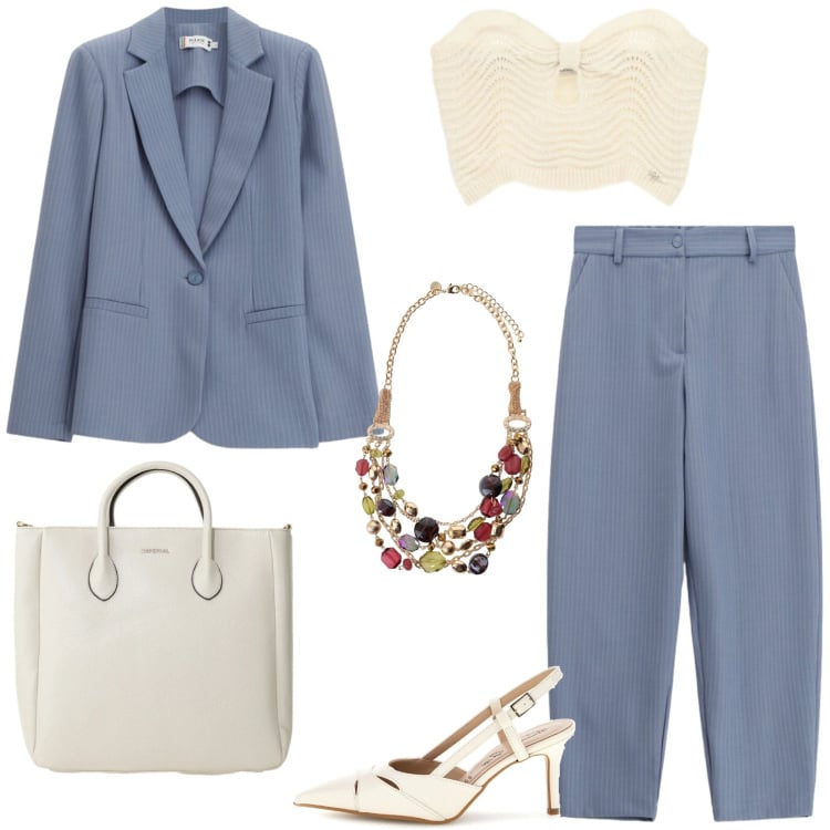 Outfit donna - Un po\' di estate, Please!. Stile Casual chic per Serata fuori. Abbinamento con borse a tracolla, pantaloni, top, blazer, collane, décolleté.