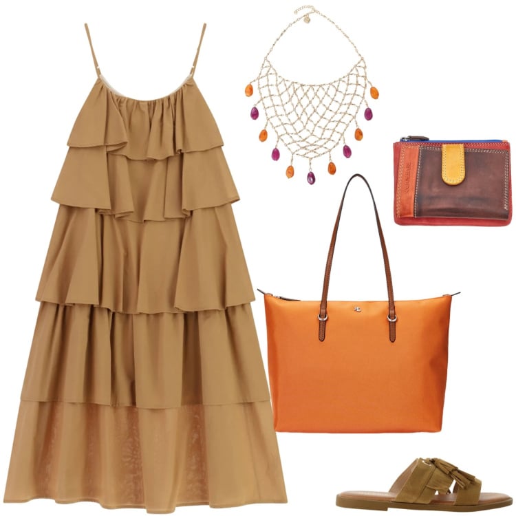 Outfit donna - Un po\' di estate, Please!. Stile Glamour per Tutti i giorni. Abbinamento con sandali, collane, vestiti lunghi, borse tote, portafogli.
