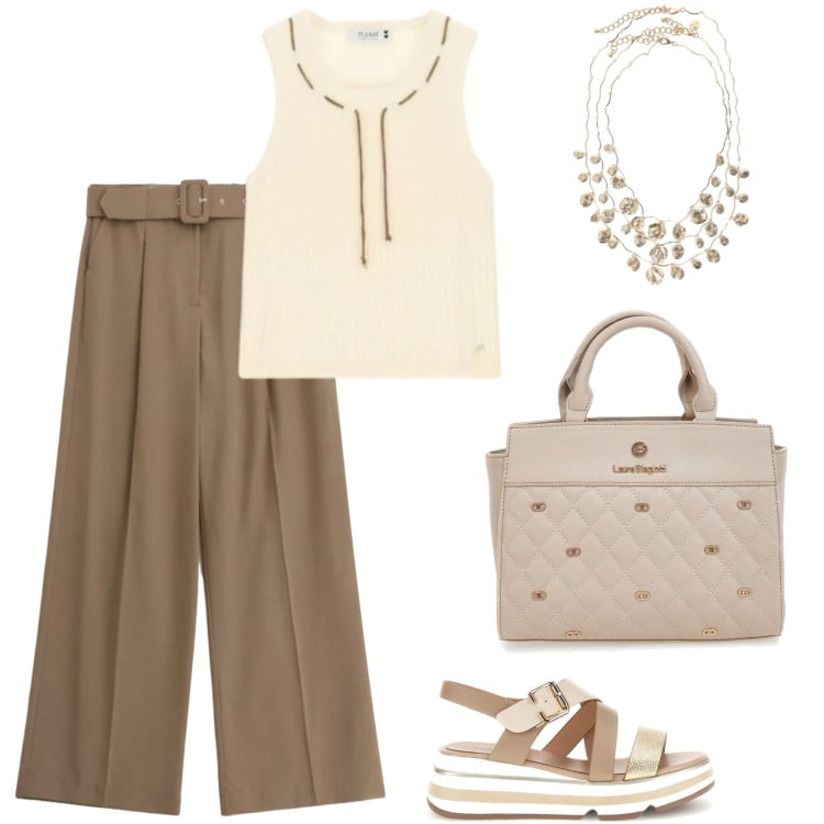 Outfit donna - Un po\' di estate, Please!. Stile Casual chic per Ufficio. Abbinamento con collane, pantaloni a palazzo, top, borse a mano, sandali col tacco.