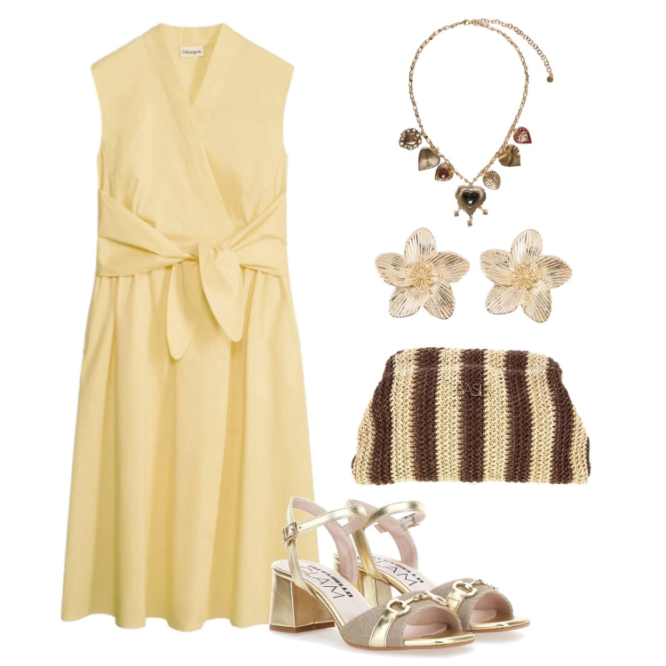 Outfit donna - Aperitivo giallo, oro, mogano. Stile Glamour per Tutti i giorni. Abbinamento con vestiti, orecchini, collane, sandali col tacco, pochette.