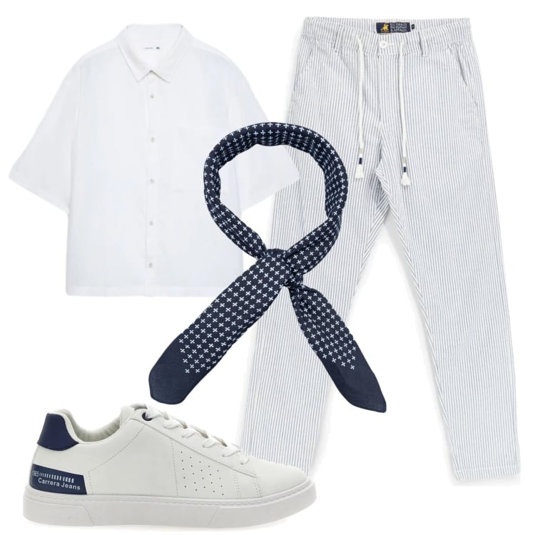 Outfit uomo - Total look #2411890. Stile Trendy per Tutti i giorni. Abbinamento con camicie a manica corta, sciarpe e foulard, pantaloni, sneakers.