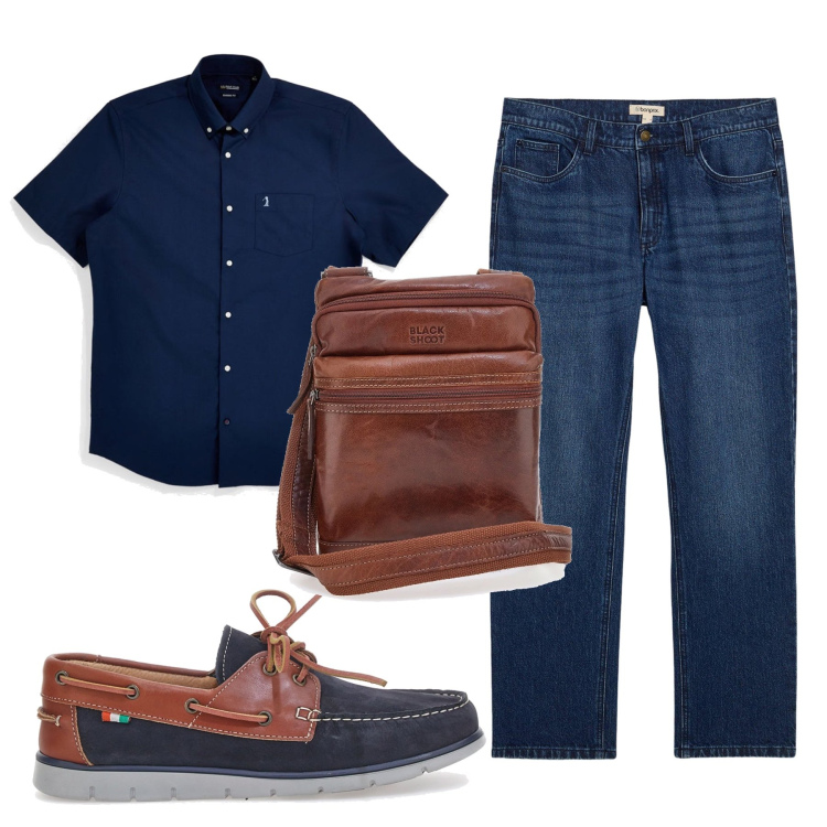Outfit uomo - Total look #2411891. Stile Casual per Tutti i giorni. Abbinamento con jeans dritti, borse sportive, scarpe stringate, camicie a manica corta.