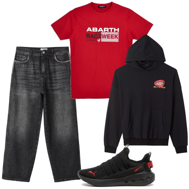 Outfit uomo - G. Race week. Stile Urban per Tutti i giorni. Abbinamento con felpe con cappuccio, jeans, t-shirt, sneakers.