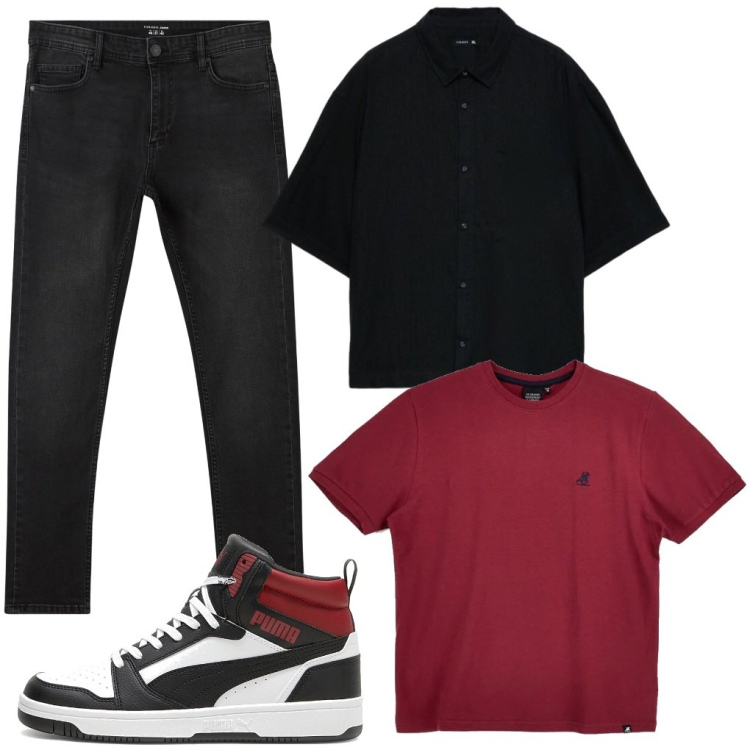 Outfit uomo - G. Ritrovo da Gio\'. Stile Urban per Tutti i giorni. Abbinamento con jeans skinny, camicie a manica corta, sneakers alte, t-shirt.