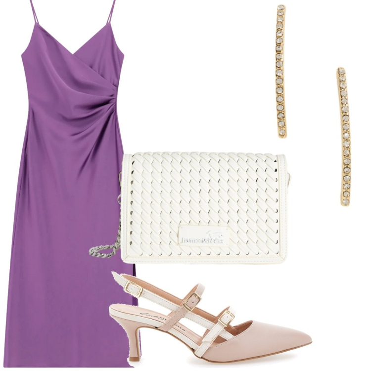 Outfit donna - Date night. Stile Glamour per Serata fuori. Abbinamento con vestiti midi/longuette, borse a tracolla, orecchini, décolleté.