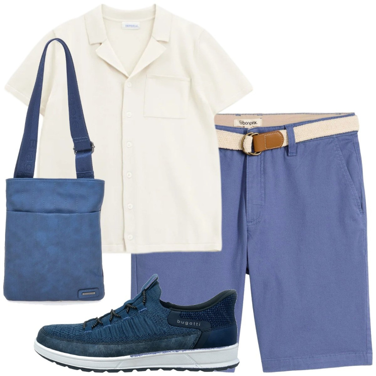 Outfit uomo - Estate fresca. Stile Casual per Tutti i giorni. Abbinamento con bermuda, camicie a manica corta, portafogli, sneakers.