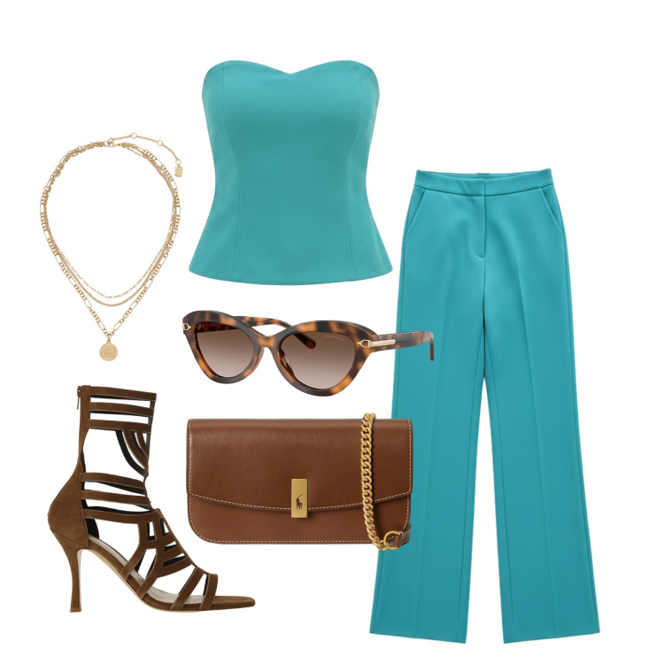 Outfit donna - Giugno. Stile Glamour per Cerimonia. Abbinamento con top, pantaloni a palazzo, sandali col tacco, ciondoli, occhiali da sole, clutch.