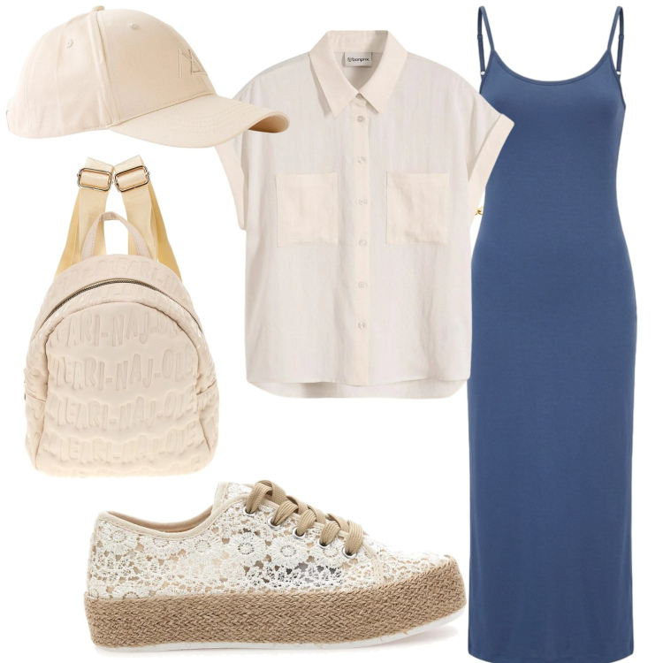 Outfit donna - Eleganza Quotidiana in Blu e Panna. Stile Sporty chic per Tutti i giorni. Abbinamento con camicie, cappelli con visiera, vestiti lunghi, braccialetti, sneakers, zaini.