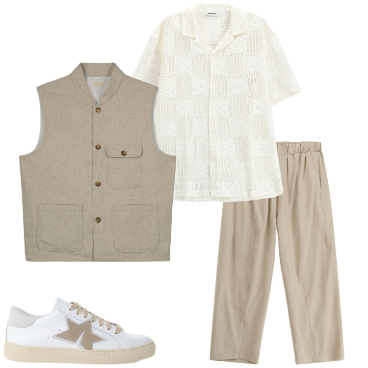 Outfit uomo - Aperitivo vista tramonto. Stile Trendy per Serata speciale. Abbinamento con pantaloni, sneakers, camicie a manica corta, gilet.