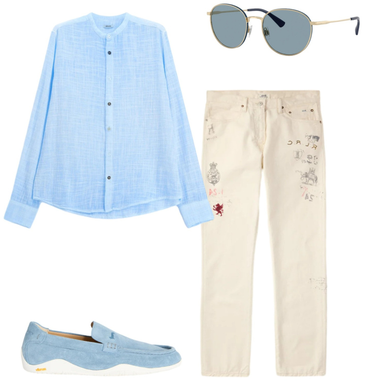 Outfit uomo - Aperitivo vista tramonto. Stile Trendy per Serata speciale. Abbinamento con camicie, scarpe stringate, jeans dritti, occhiali da sole.