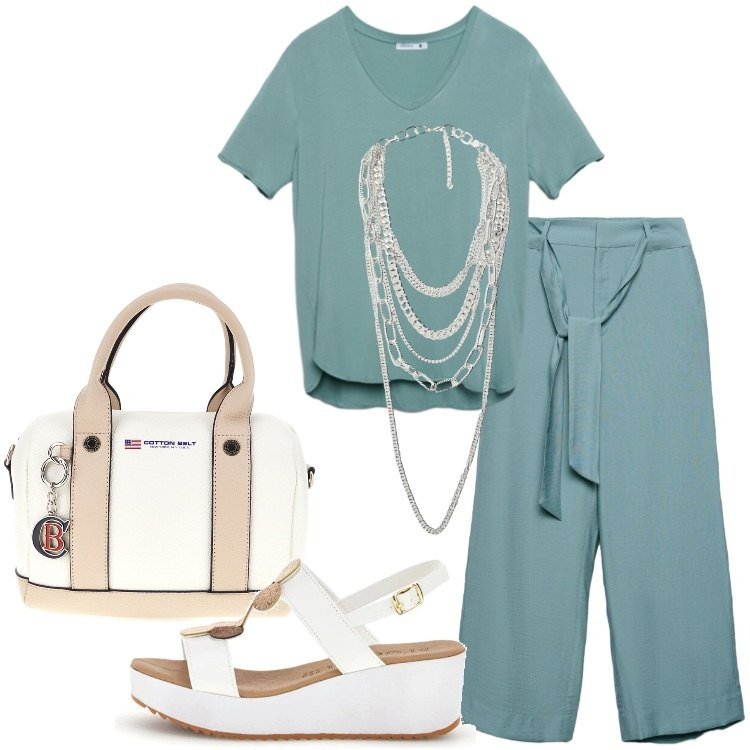 Outfit donna - Seafoam Blue. Stile Casual chic per Tutti i giorni. Abbinamento con t-shirt, pantaloni a palazzo, collane, borse a mano, zeppe.
