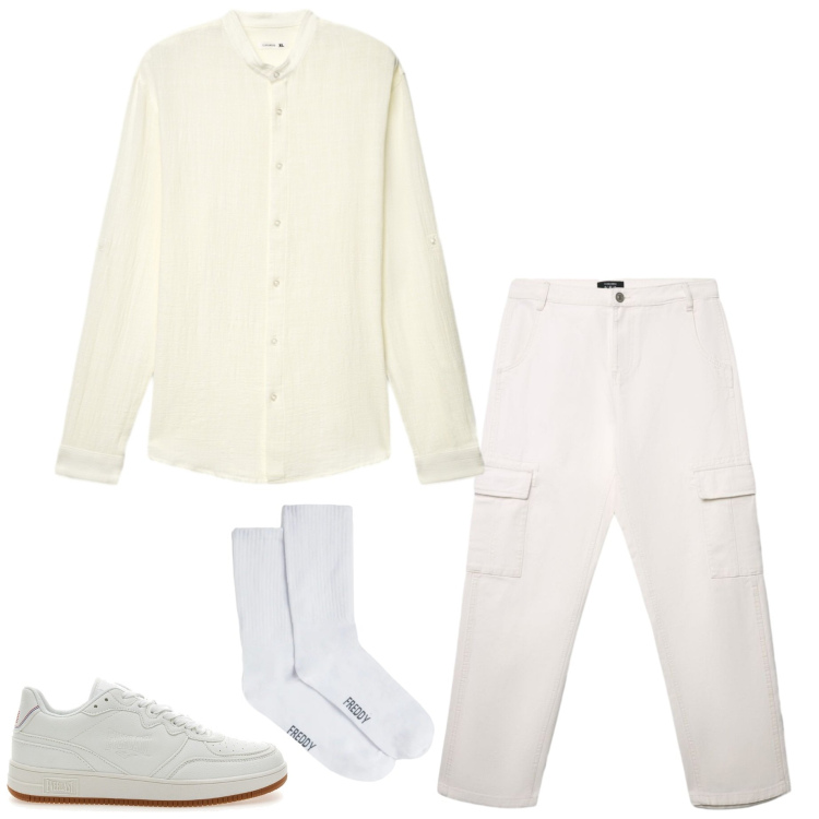 Outfit uomo - Bianco estivo. Stile Casual per Tutti i giorni. Abbinamento con pantaloni cargo, camicie, calzini, sneakers.