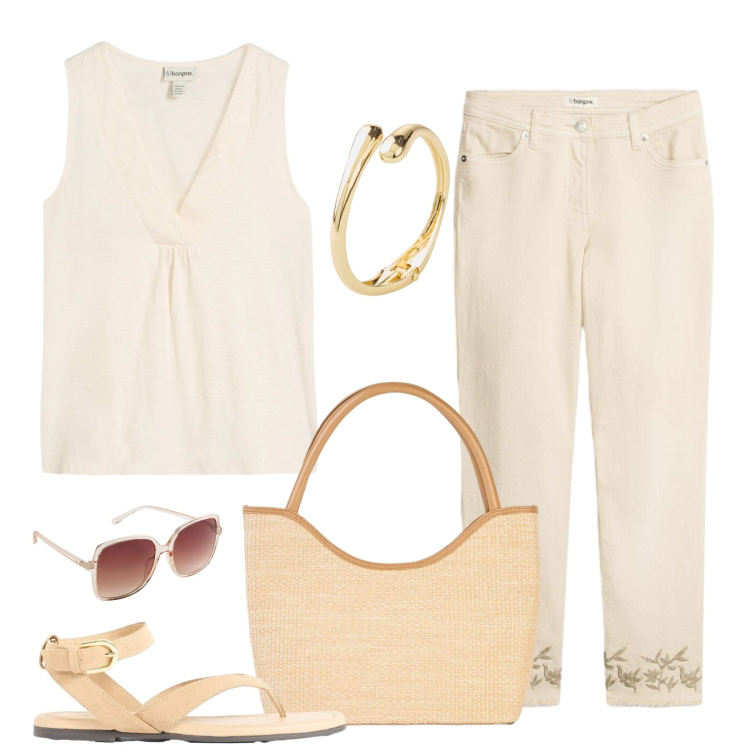 Outfit donna - Neutra e soft. Stile Basic per Tutti i giorni. Abbinamento con pantaloni, top, sandali, shopping bag, occhiali da sole, braccialetti.