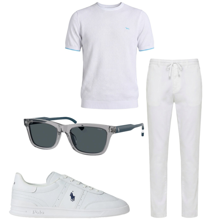 Outfit uomo - Bianco estivo. Stile Casual per Tutti i giorni. Abbinamento con t-shirt, pantaloni, sneakers, occhiali da sole.