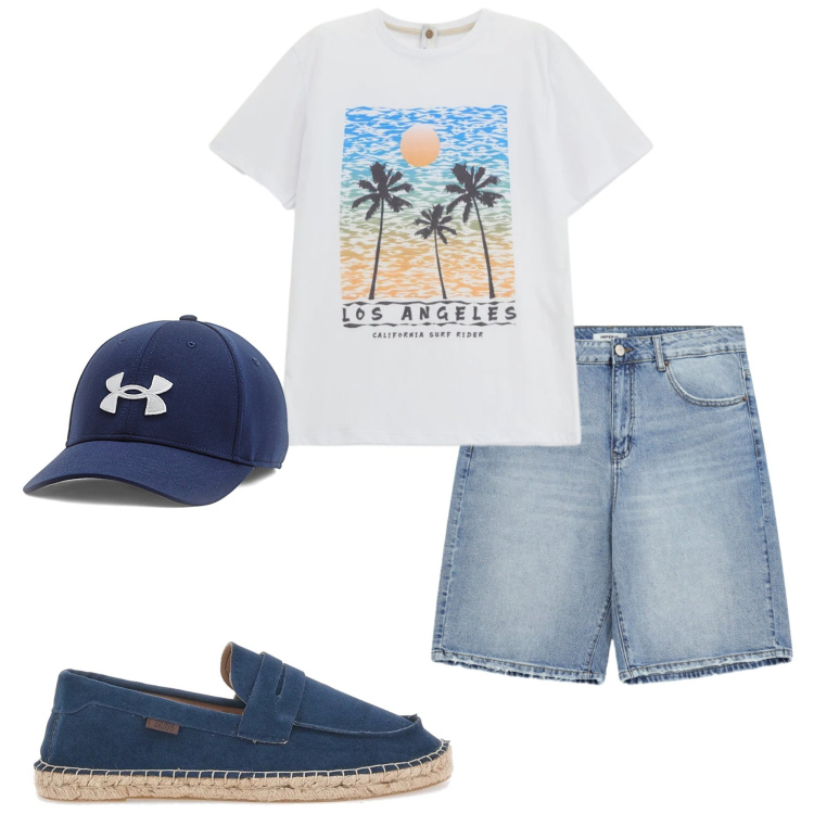 Outfit uomo - Primavera estiva. Stile Casual per Tutti i giorni. Abbinamento con t-shirt, bermuda, cappelli, espadrillas.