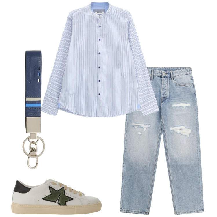 Outfit uomo - Serata con amici. Stile Casual per Tutti i giorni. Abbinamento con jeans strappati, sneakers, camicie, portachiavi.