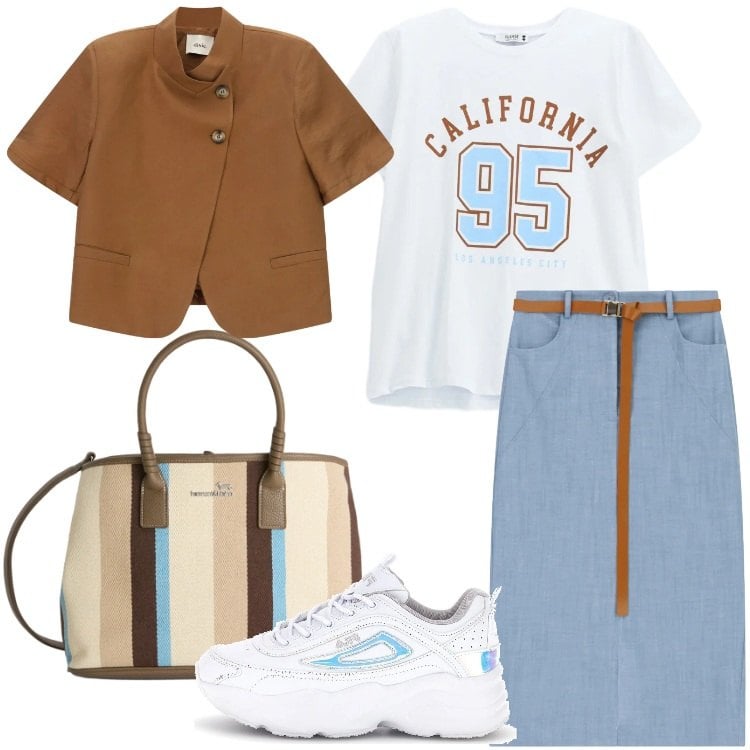 Outfit donna - Oroscopo I gemelli -l\'imprevedibile. Stile Sporty chic per Tutti i giorni. Abbinamento con gonne longuette, shopping bag, t-shirt sportive, blazer, sneakers alte.