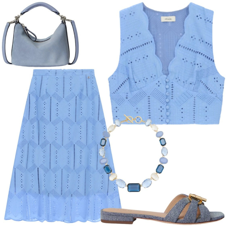 Outfit donna - Sotto il cielo di giugno. Stile Chic per Tutti i giorni. Abbinamento con top, gonne lunghe, ciabatte, borse a spalla, collane.