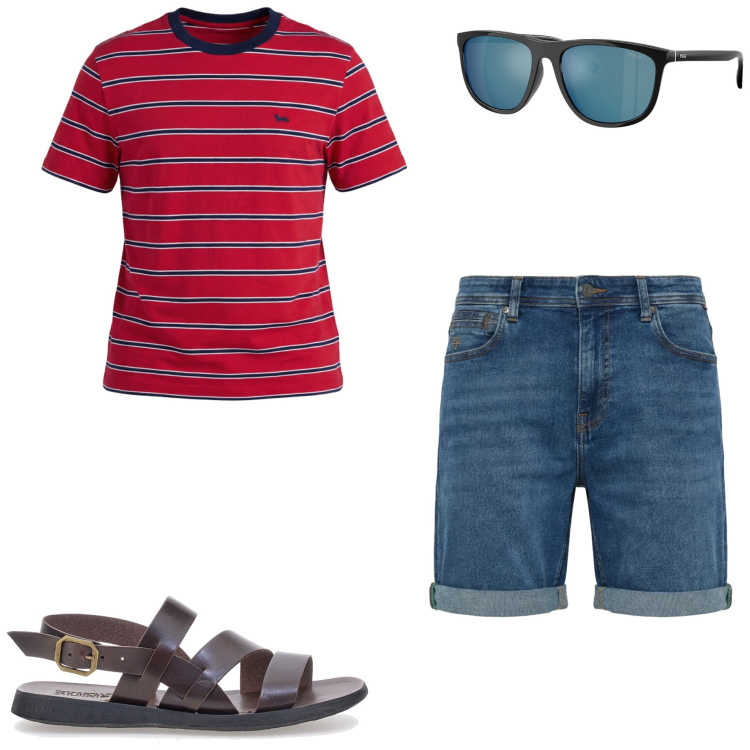 Outfit uomo - Weekend al mare. Stile Casual per Mare. Abbinamento con t-shirt, bermuda, occhiali da sole, sandali.