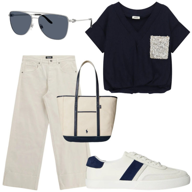 Outfit donna - Di corsa a lavoro. Stile Casual chic per Ufficio. Abbinamento con sneakers, borse tote, occhiali da sole, t-shirt, jeans.