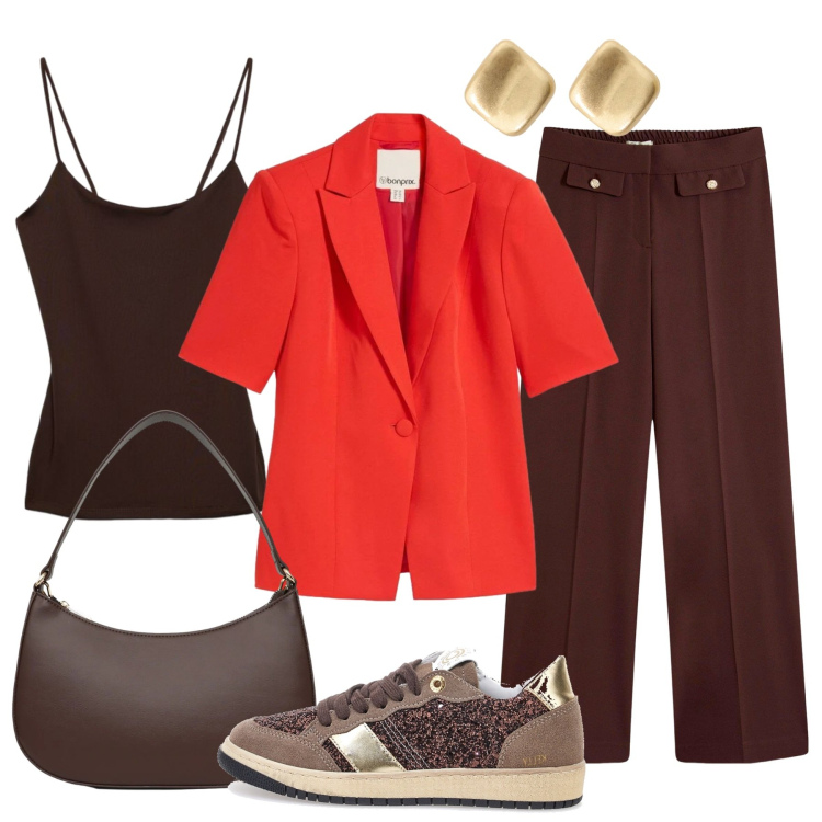 Outfit donna - Il blazer fluo. Stile Casual chic per Tutti i giorni. Abbinamento con blazer, pantaloni, borse a tracolla, canottiere, orecchini, sneakers.