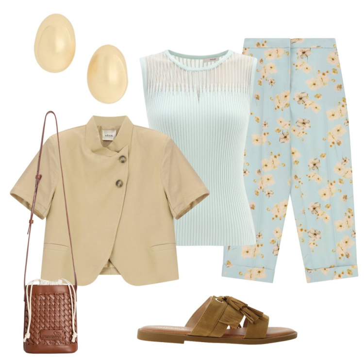 Outfit donna - Contrasto armonioso. Stile Chic per Tutti i giorni. Abbinamento con top, pantaloni, sandali, borse a secchiello, blazer, orecchini.