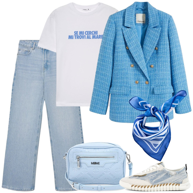 Outfit donna - In ufficio nonostante il caldo. Stile Casual per Ufficio. Abbinamento con blazer, foulard, t-shirt, jeans, sneakers, borse a tracolla.