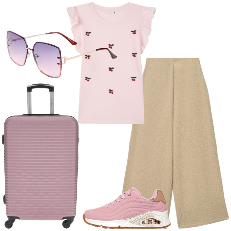 Outfit donna - Total look #2411946. Stile Casual per Tutti i giorni. Abbinamento con occhiali da sole, pantaloni a palazzo, t-shirt, valigie, sneakers alte.
