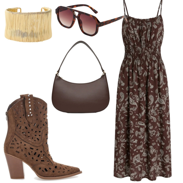 Outfit donna - Total look #2411947. Stile Mannish per Tutti i giorni. Abbinamento con occhiali da sole, borse a tracolla, vestiti lunghi, braccialetti, stivaletti texani.