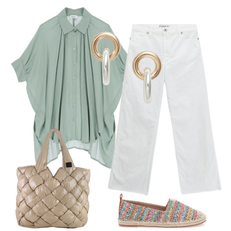 Outfit donna - Per le vie del centro. Stile Glamour per Tutti i giorni. Abbinamento con jeans, camicie, orecchini, borse tote, espadrillas.