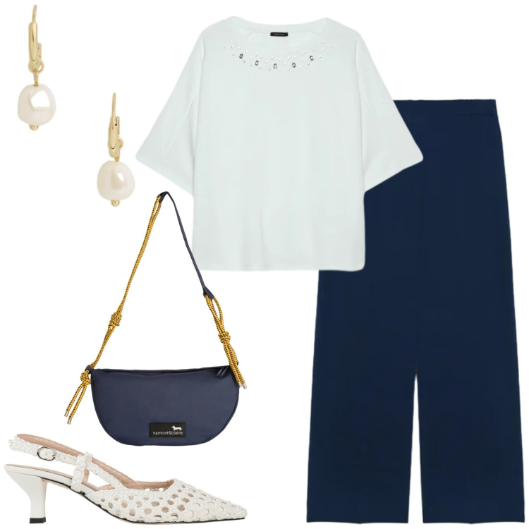 Outfit donna - Total look #2411950. Stile Chic per Ufficio. Abbinamento con décolleté, borse a tracolla, pantaloni, felpe, orecchini.