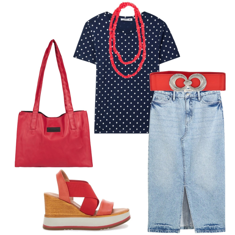 Outfit donna - Total look #2411951. Stile Casual chic per Tutti i giorni. Abbinamento con gonne longuette, t-shirt, shopping bag, collane, sandali col tacco, cinture.