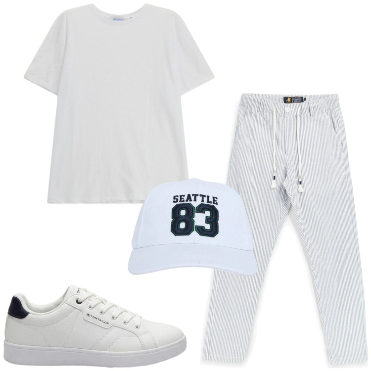 Outfit uomo - Total look #2411953. Stile Trendy per Tutti i giorni. Abbinamento con sneakers, cappelli, t-shirt, pantaloni.