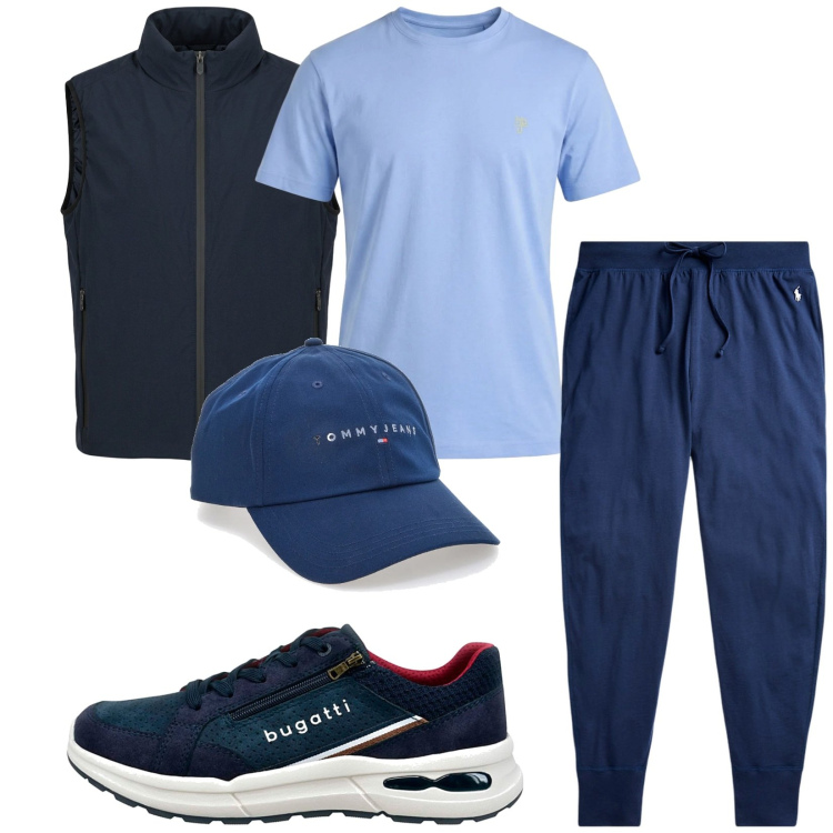 Outfit uomo - Total look #2411954. Stile Trendy per Sport. Abbinamento con t-shirt, pantaloni, piumini, sneakers, cappelli con visiera.