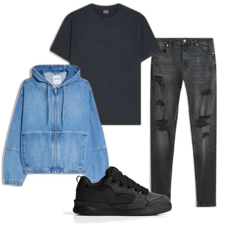 Outfit hombre - Casual. Estilo Casual para Todos los días. Combinación con camiseta, sneakers, vaqueros rotos, chaquetas.
